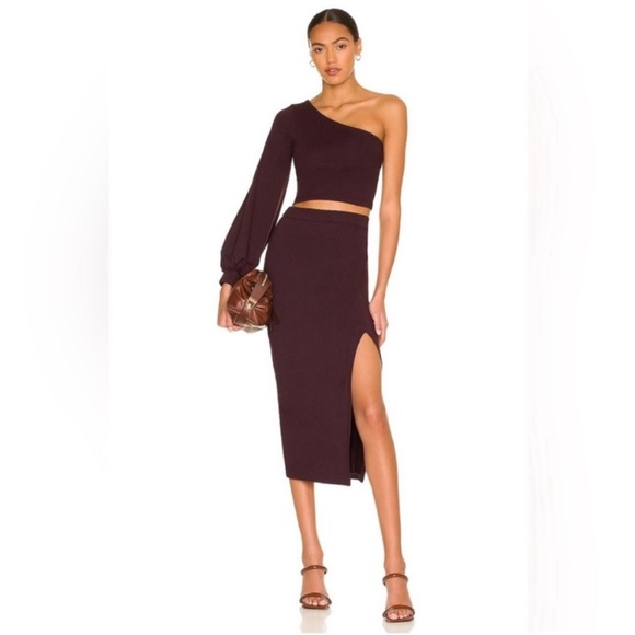 NWT Susana Monaco High Waisted Midi Skirt With High Slit In Color Cabernet Small